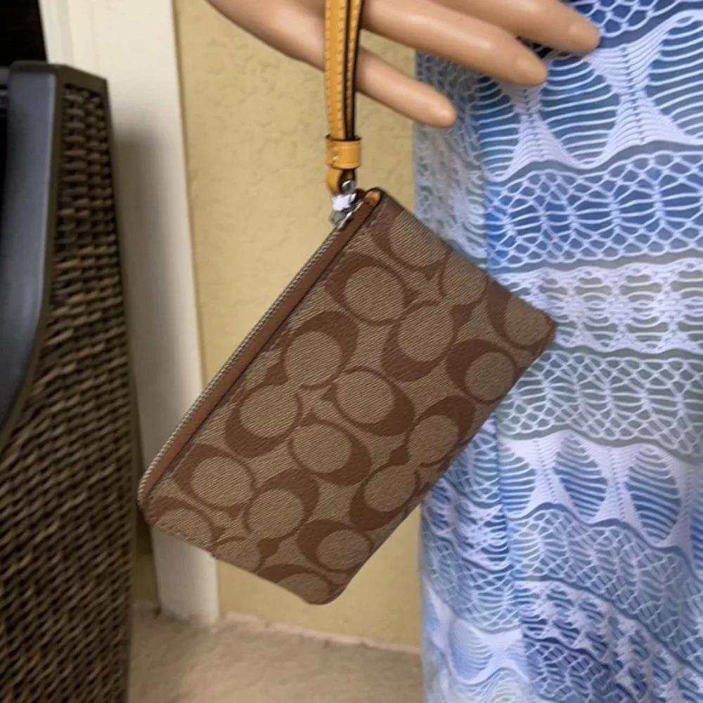 COACH Signature PVC Leather Corner Zip Wristlet